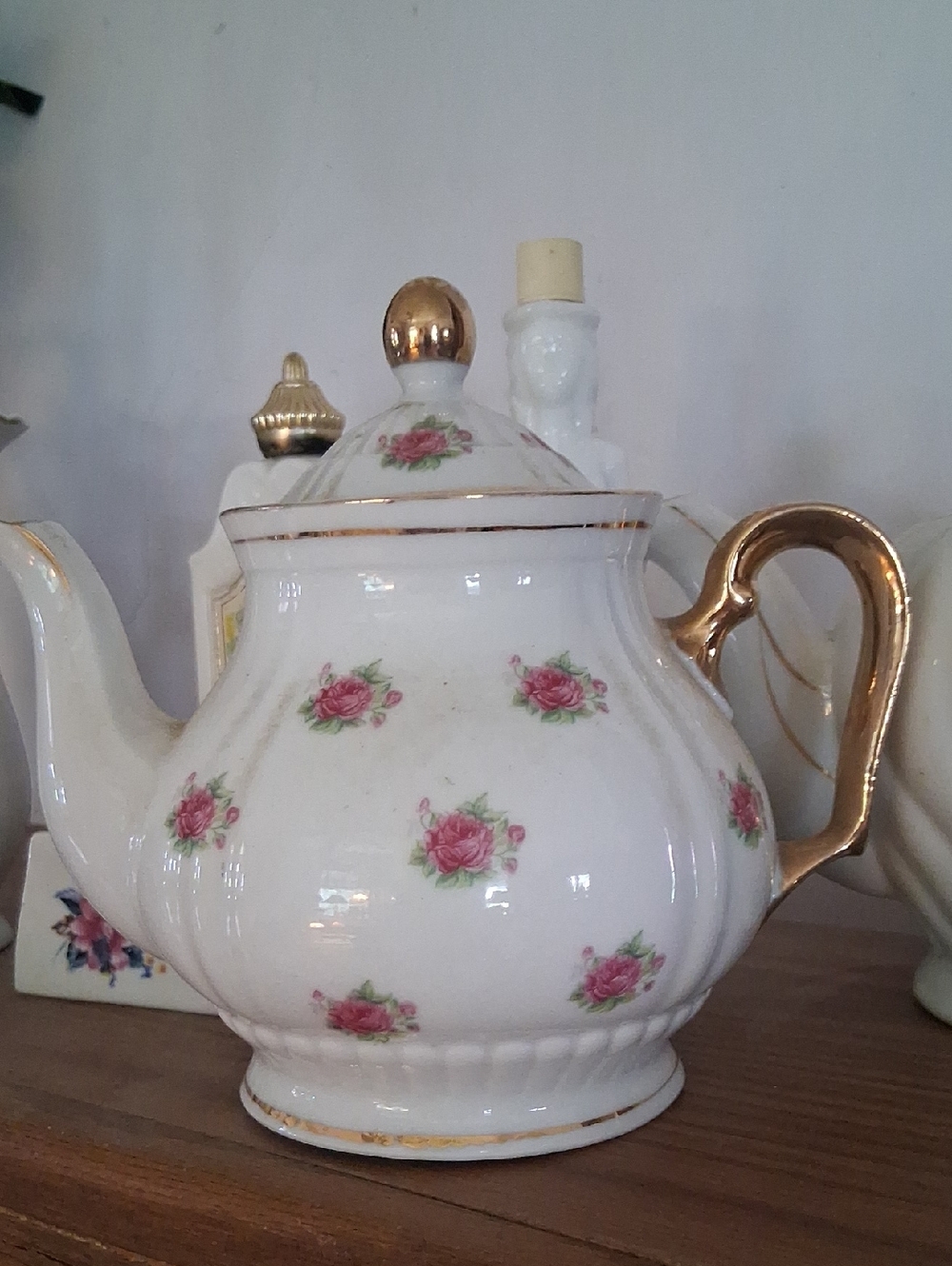 Vintage White Porcelain Teapot with Pink Rose Motif and Gold Accents